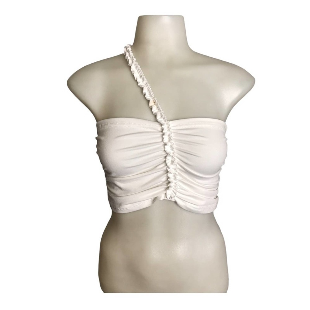 Shein | White Ruffle trim detail one strap crop top •